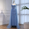 Robe de soirée de luxe bleue à paillettes et perles avec manches cape LA73108