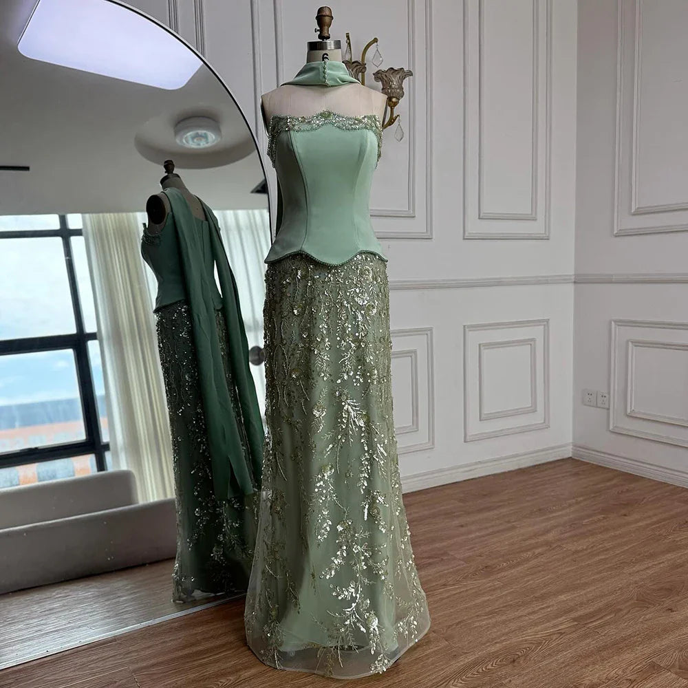 Robe de soirée sirène verte sauge luxueuse avec perles LA73050C