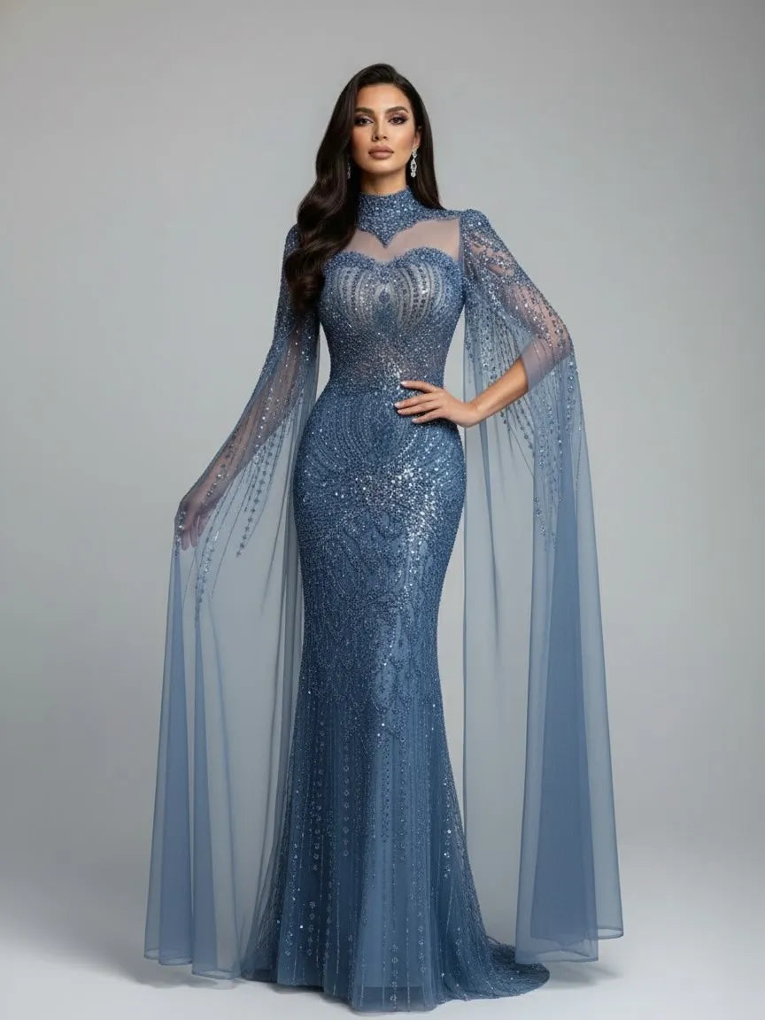 Abito da sera sirena modesto blu di lusso con mantella LA73006