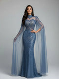 Abito da sera sirena modesto blu di lusso con mantella LA73006
