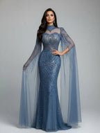 Abito da sera sirena modesto blu di lusso con mantella LA73006