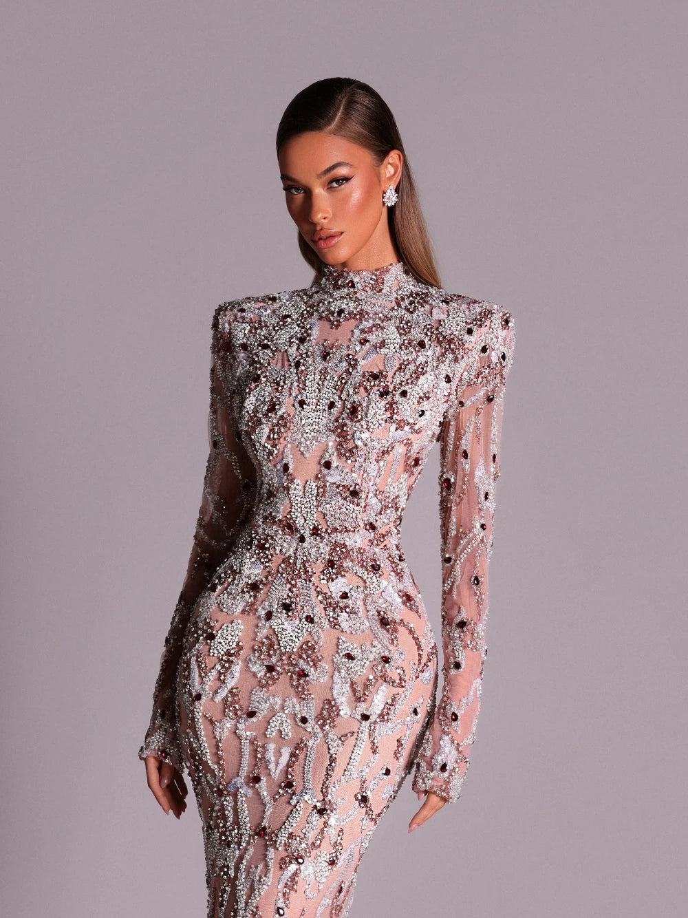 Sexy aberto volta frisado vestido de noite delicado alta pescoço manga comprida sereia chique vestido de cocktail com luxo beadwork personalizado