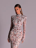 Sexy aberto volta frisado vestido de noite delicado alta pescoço manga comprida sereia chique vestido de cocktail com luxo beadwork personalizado