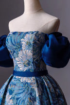 Blue Printed Long A-Line Prom Dress Blue Off the Shoulder Formal Evening Dress Y4605
