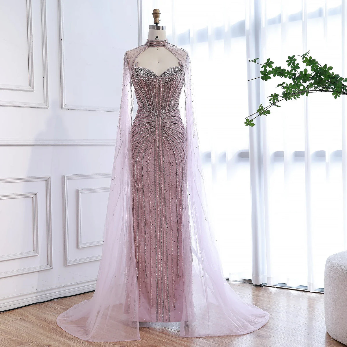 Robe de soirée luxueuse de Dubaï en caramel avec perles et cape LA72811C