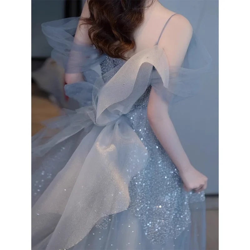 2025 New Elegant Back Tulle Bow Trailing A-line Evening Dresses Sexy Off Shoulder Birthday Party Gown