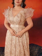 BLUEPLUM Plus Size Luxury V-Neck Grey Sequins Evening Dress Women Elegant V-back Wedding Party Long Prom Cocktail Dress 