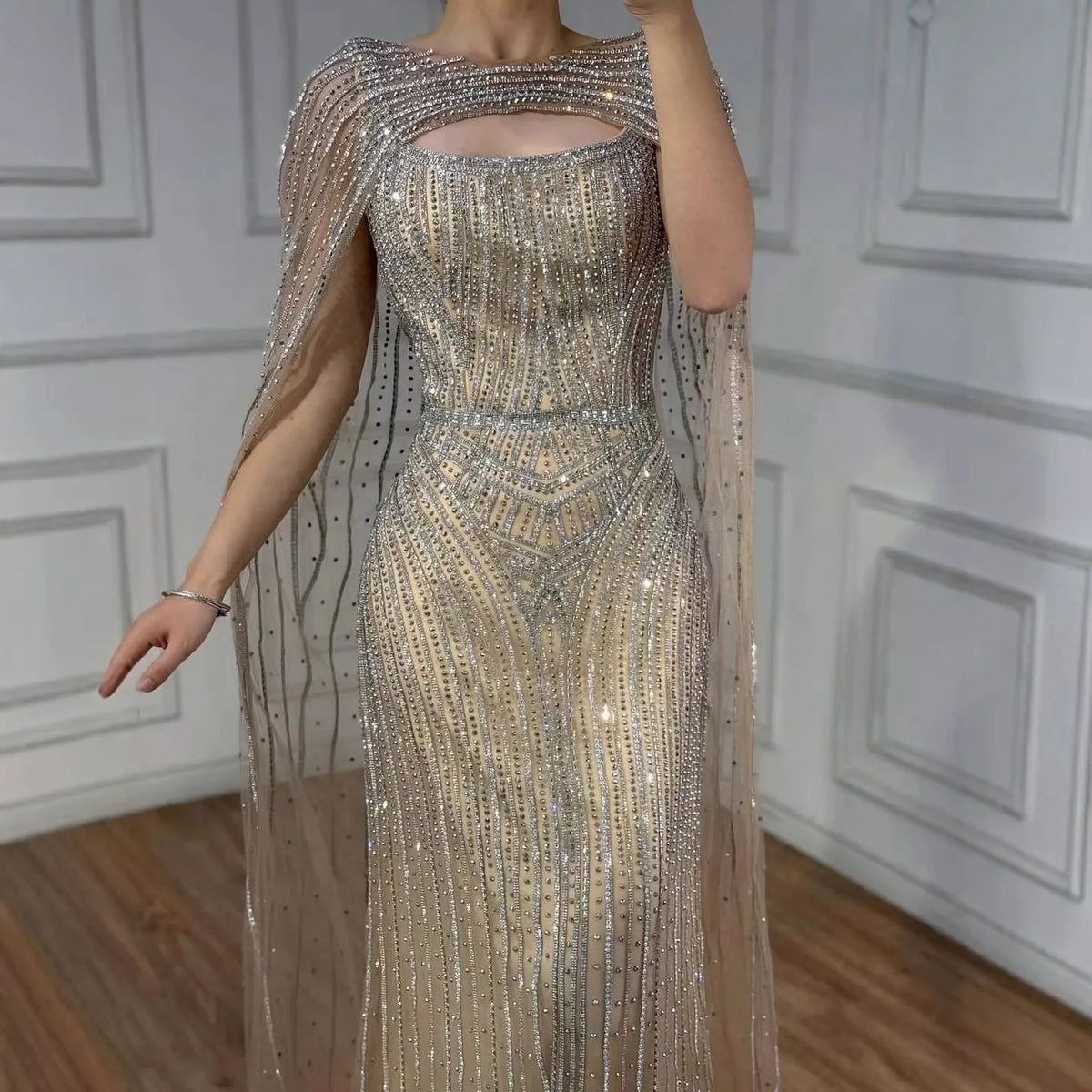 Robe de soirée luxueuse diamant bleu avec cape LA73426