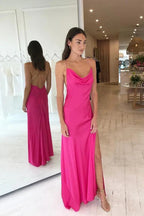 Einfache heißrosa lange Abendkleider mit gekreuzten Trägern aus Seiden-Satin, Ballkleid mit Schlitz Y63