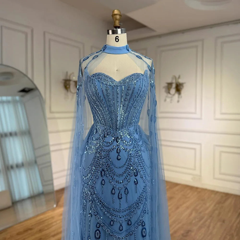 Robe de soirée de luxe bleue à paillettes et perles avec manches cape LA73108