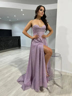Damen Abendkleid mit Spaghettiträgern, glitzerndem Tüll, Schlitz, Wasserfallausschnitt, lang, festlich für Abendveranstaltungen