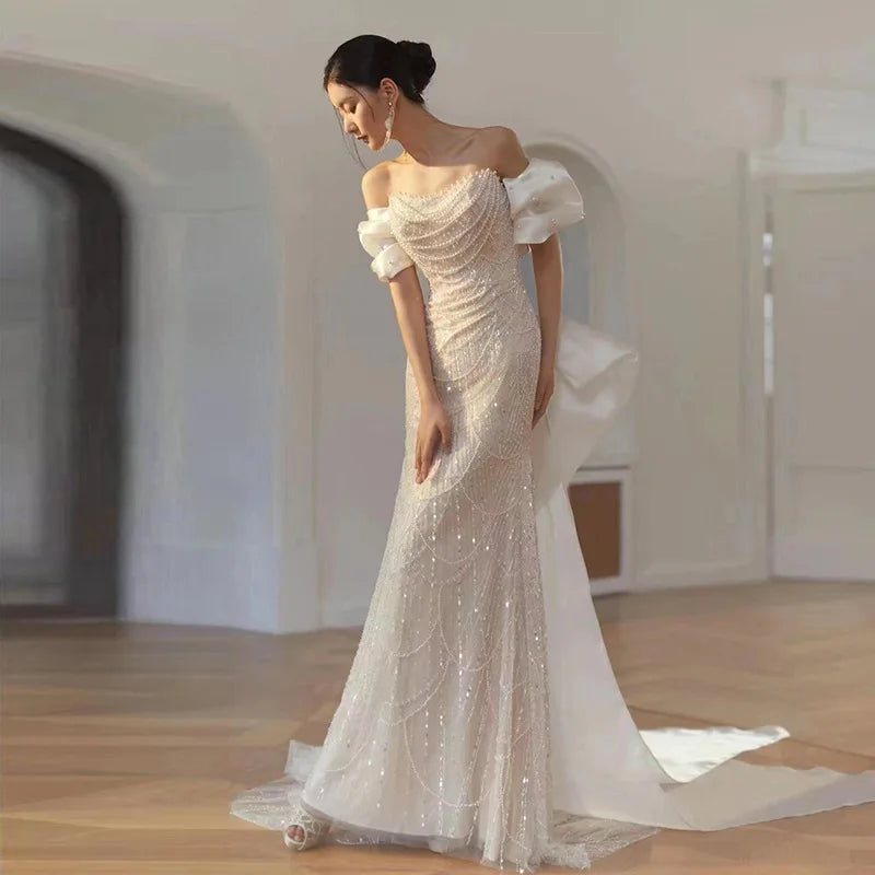 Luxuriöse elegante Perlenbesetzte Abendkleider 2025 Neue Schulter Pailletten Fischschwanzkleid Abschlussballkleid Hochzeitskleid Verlobungskleid