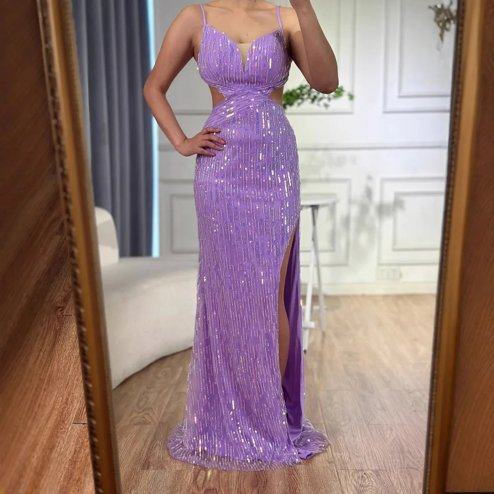 Abito da sera con paillettes lussuoso viola, con spacco e taglio in vita LA73000