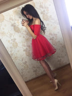 Black Short Sleeve Off Shoulder Homecoming Dress,Tulle Short Prom Dresses
