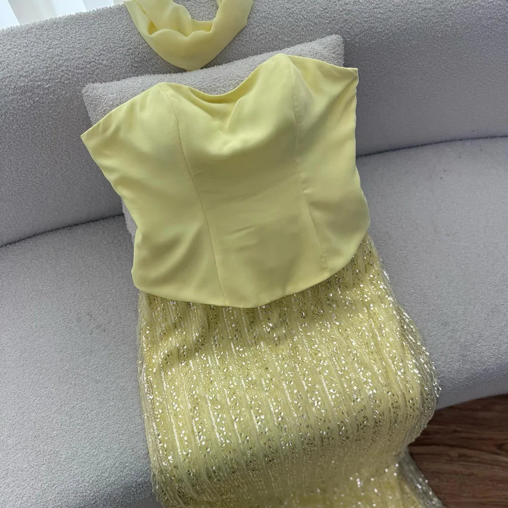 Abito da sera sirena in chiffon giallo lusso con mantella LA73007