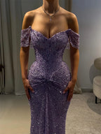 Cathy Customized Purple Luxury Rhinestones Mermaid Prom Dress Off The Shoulder vestidos de noiva Floor-length Formal Eve