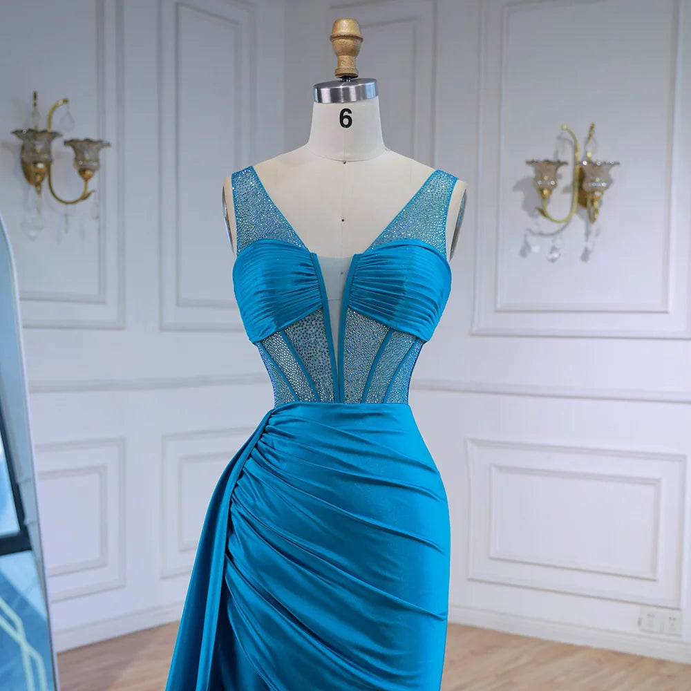 Blue Prom Dress with Side Overskirt Spaghetti Straps LA73011