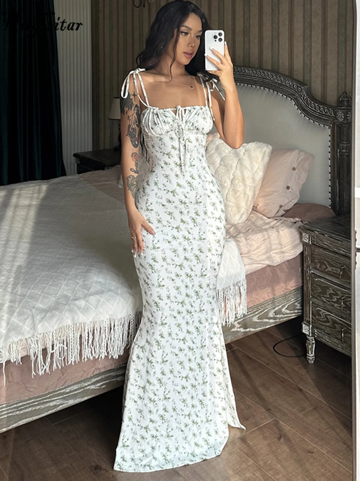Hugcitar feminino elegante floral praia férias bodycon streetwear vestido longo 2023 roupas de verão artigos por atacado para negócios