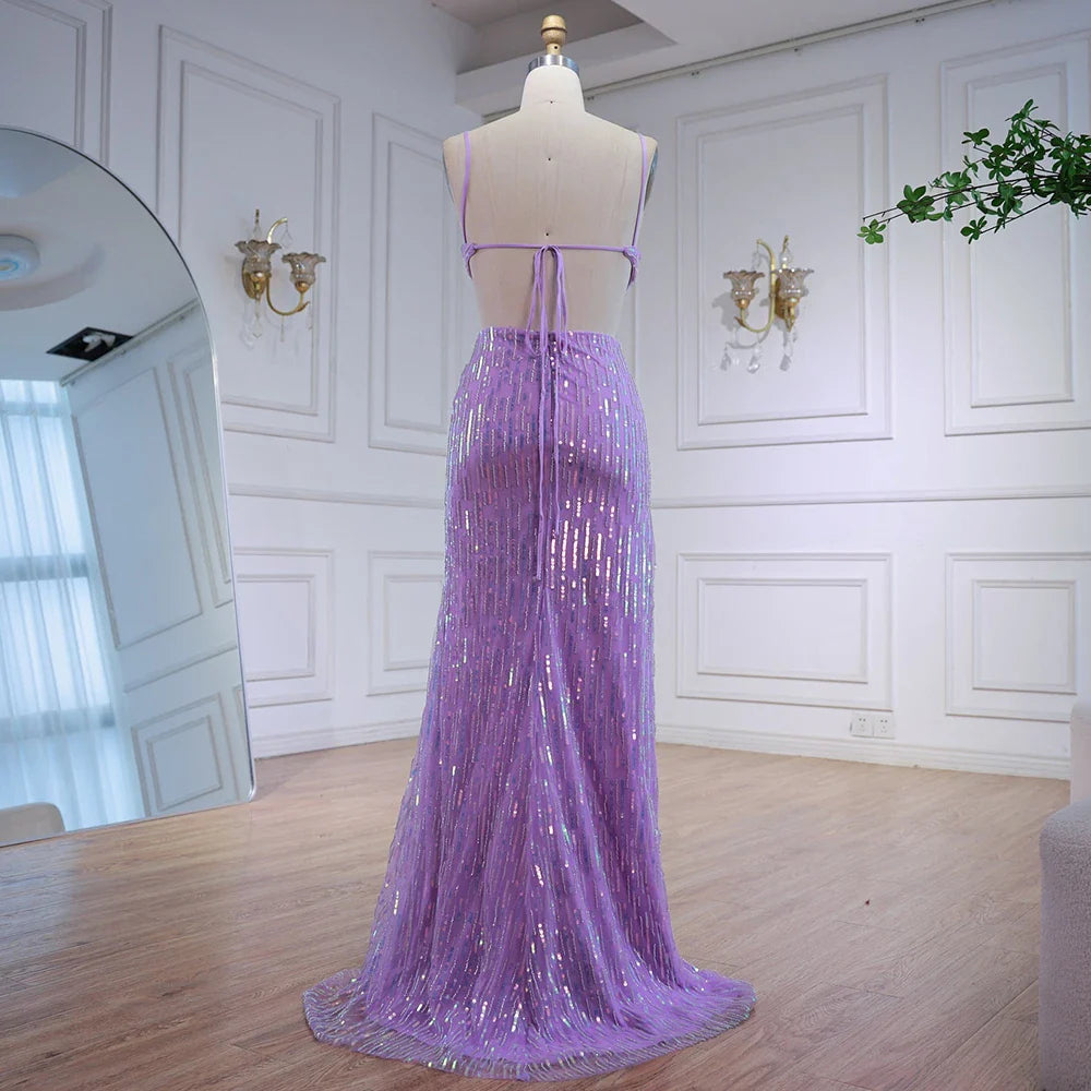 Abito da sera con paillettes lussuoso viola, con spacco e taglio in vita LA73000