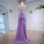 Abito da sera con paillettes lussuoso viola, con spacco e taglio in vita LA73000