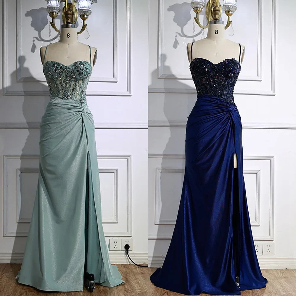 Classy Light Green Satin Prom Dress with Lace and Slit LA73032A