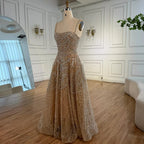 Vestido de Noite de Linha A em Nude de Luxo com Pérolas e Cristais LA72983A