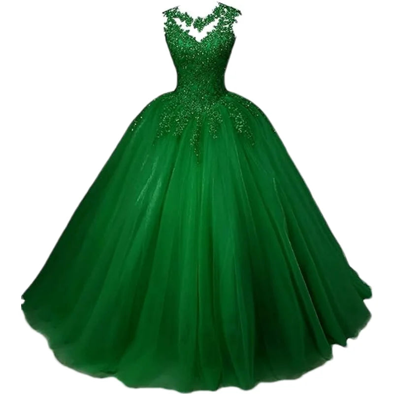 Customized Women's Beaded Lace Appliques Prom Dress Long Ball Gown Quinceanera Dresses Tulle Formal Sweet 16 Dress for T