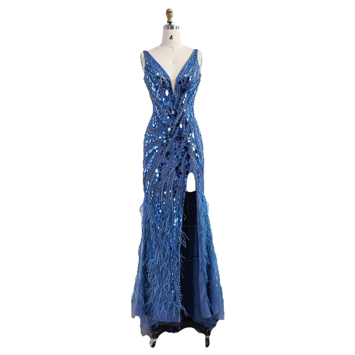 Robe de soirée sirène en plumes avec perles bleues de luxe LA73369