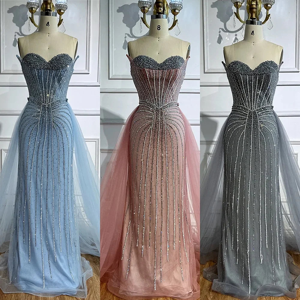 Robe de soirée sirène arabe à perles roses avec sur-jupe LA72811B