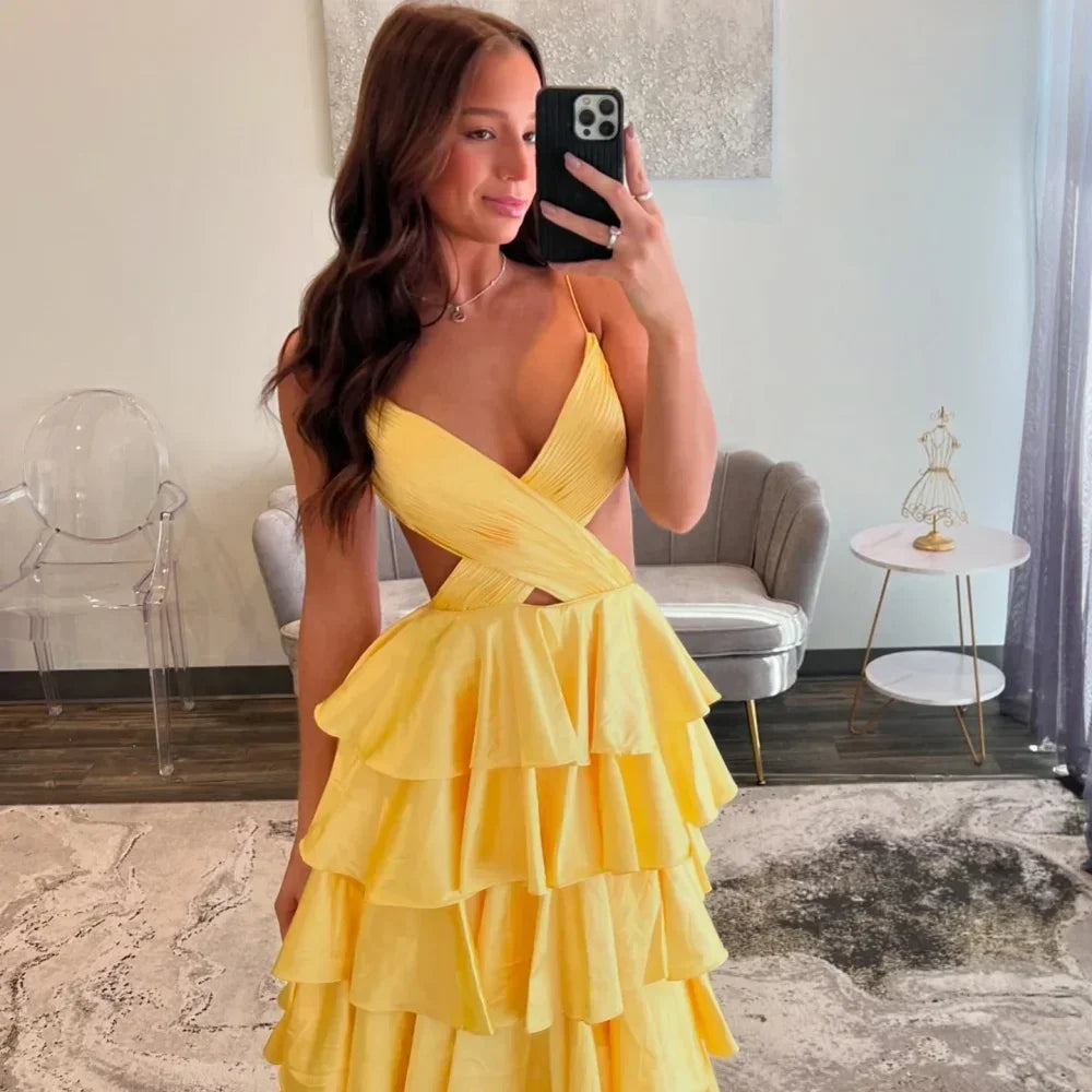 Customized Golden Emulation Silk Strapless Prom Dresses Backless vestidos de noche Floor-Length Sleeveless Formal Evenin