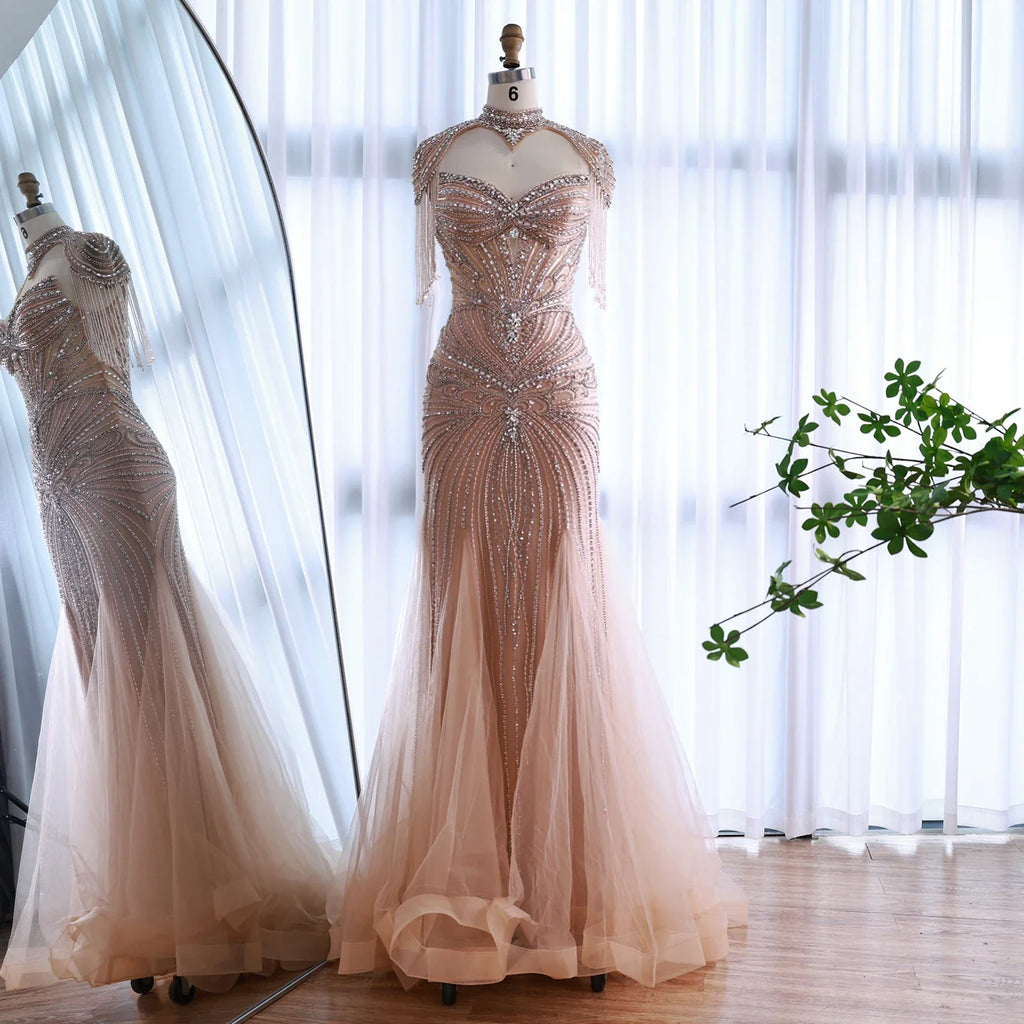 Abito da sera di lusso di Dubai con perline blu e rosa e mantellina con nappe LA72897B