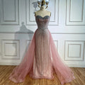 Abito da sera sirena con perle rosa, perline e sopragonna stile arabo LA72811B