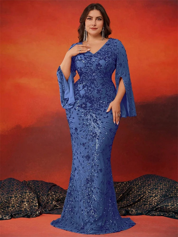 BLUEPLUM Plus Size Luxury Blue Evening Dresses Women 2025 Long Sleeve Mermaid Formal Sequins Prom Wedding Party Cocktail