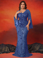 BLUEPLUM Plus Size Luxury Blue Evening Dresses Women 2025 Long Sleeve Mermaid Formal Sequins Prom Wedding Party Cocktail