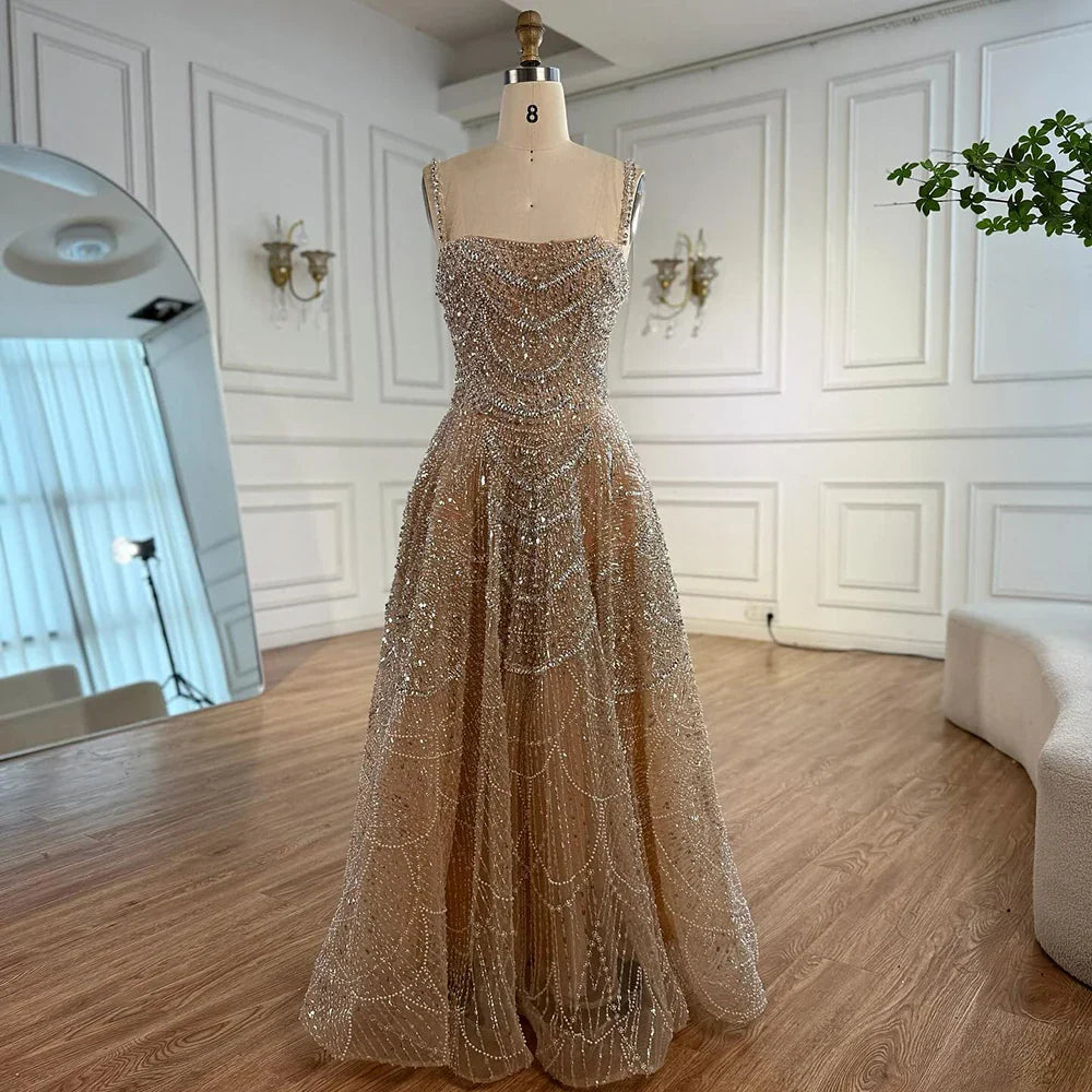 Vestido de Noite de Linha A em Nude de Luxo com Pérolas e Cristais LA72983A