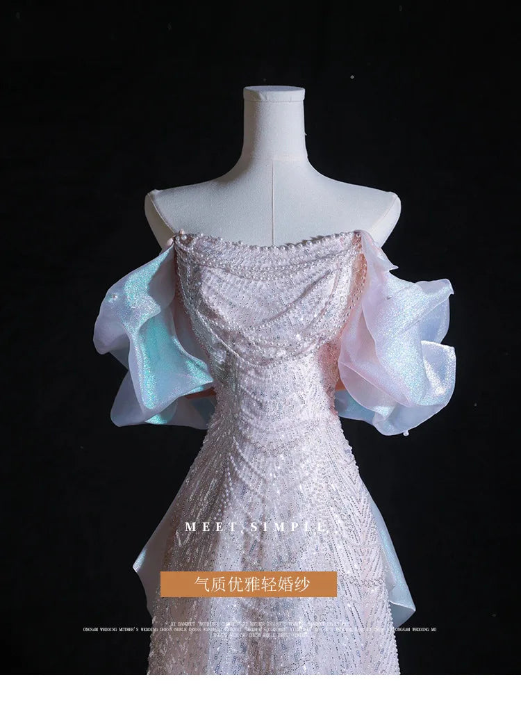 Luxuriöse elegante Perlenbesetzte Abendkleider 2025 Neue Schulter Pailletten Fischschwanzkleid Abschlussballkleid Hochzeitskleid Verlobungskleid