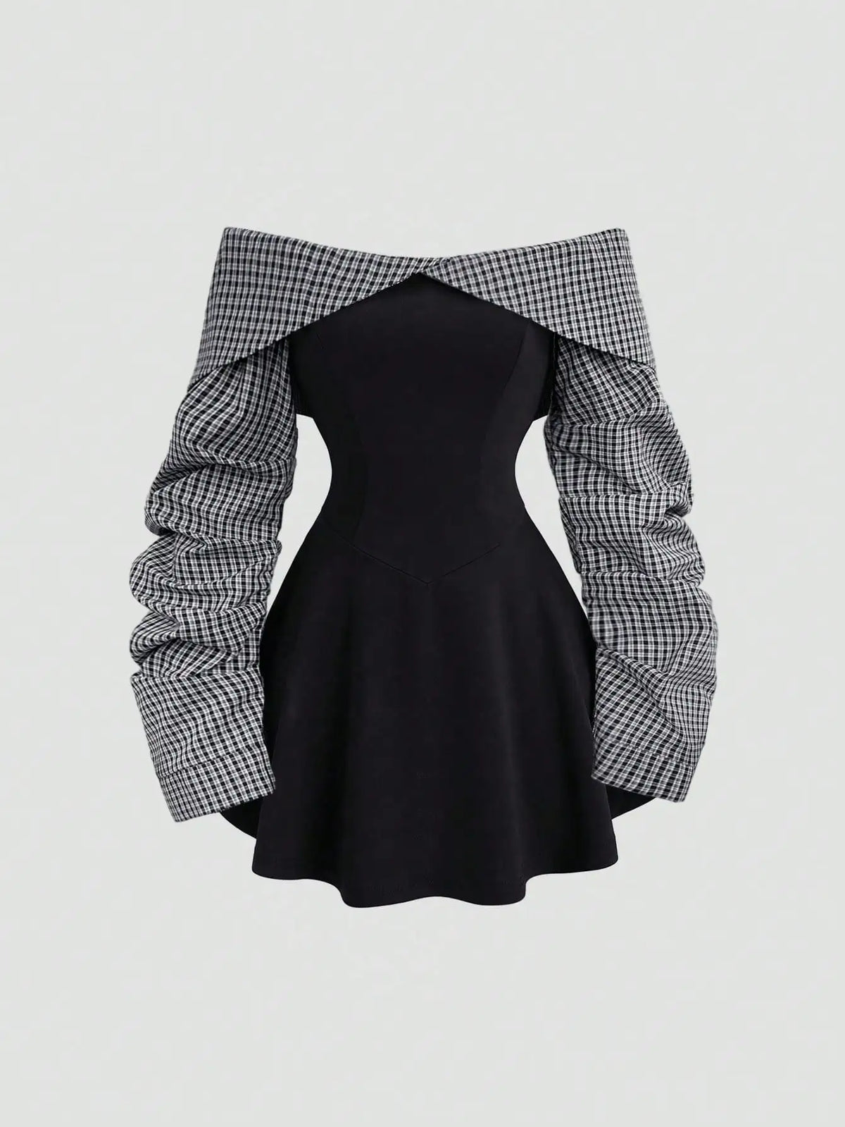 Women's Autumn/Winter Collegiate Style Minimalist Bardot Ruched Waist Contrast Color Mini Dress, Figure-Flattering