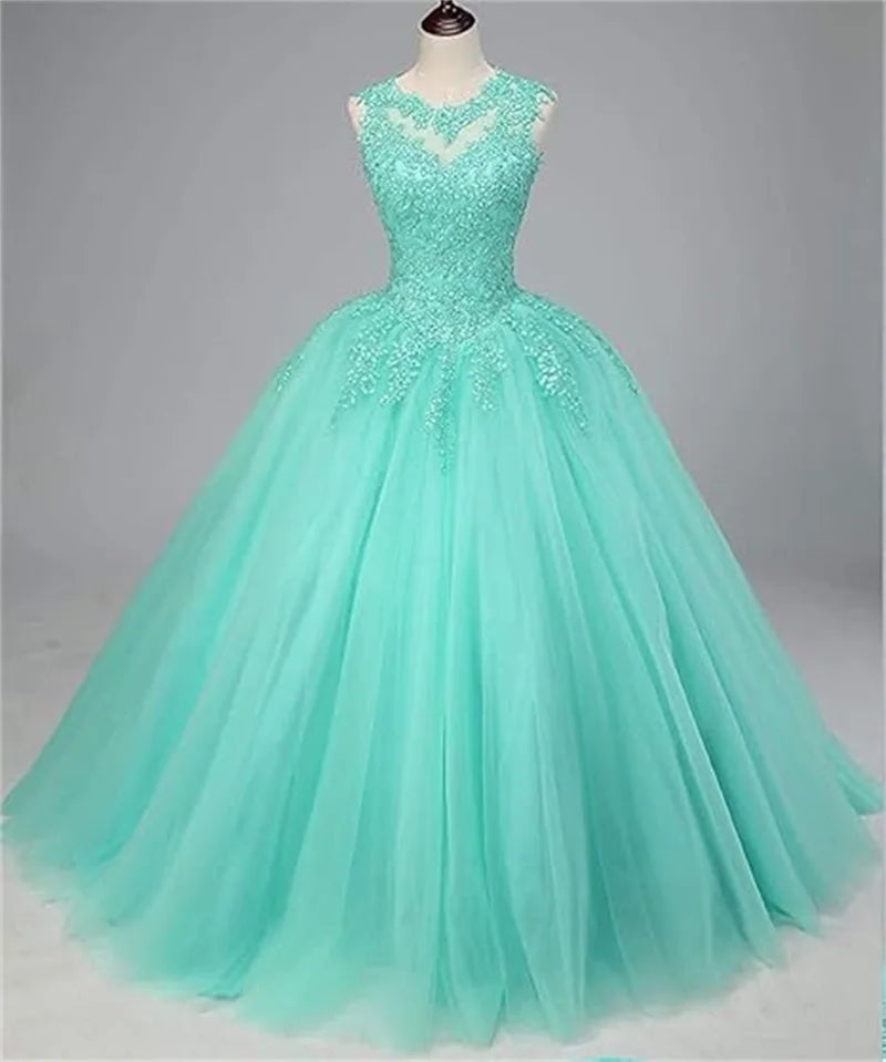 Customized Women's Beaded Lace Appliques Prom Dress Long Ball Gown Quinceanera Dresses Tulle Formal Sweet 16 Dress for T