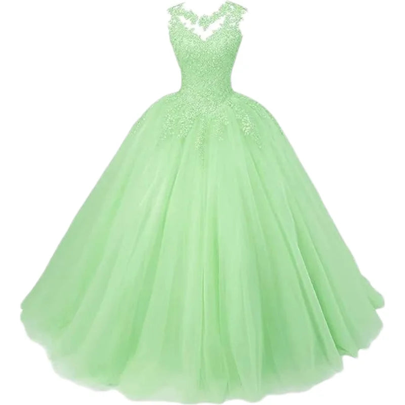 Customized Women's Beaded Lace Appliques Prom Dress Long Ball Gown Quinceanera Dresses Tulle Formal Sweet 16 Dress for T