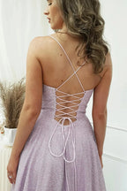 Damen Abendkleid mit Spaghettiträgern, glitzerndem Tüll, Schlitz, Wasserfallausschnitt, lang, festlich für Abendveranstaltungen