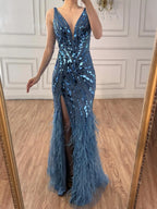 Abito da sera sirena con piume e perline blu lusso LA73369