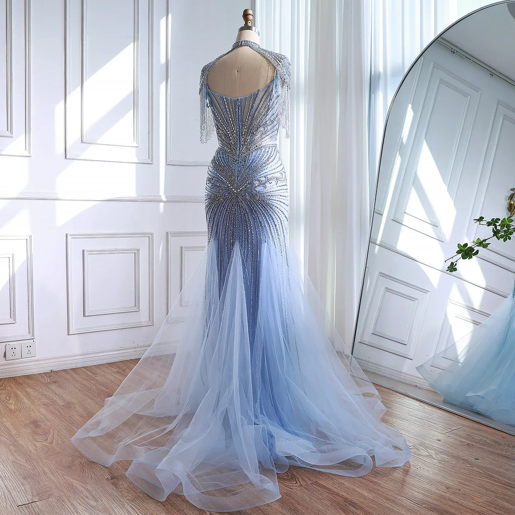 Abito da sera di lusso di Dubai con perline blu e rosa e mantellina con nappe LA72897B