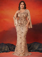 BLUEPLUM Plus Size Luxury Blue Evening Dresses Women 2025 Long Sleeve Mermaid Formal Sequins Prom Wedding Party Cocktail