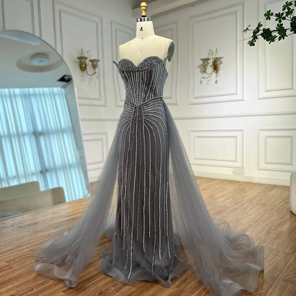 Robe de soirée sirène arabe à perles roses avec sur-jupe LA72811B