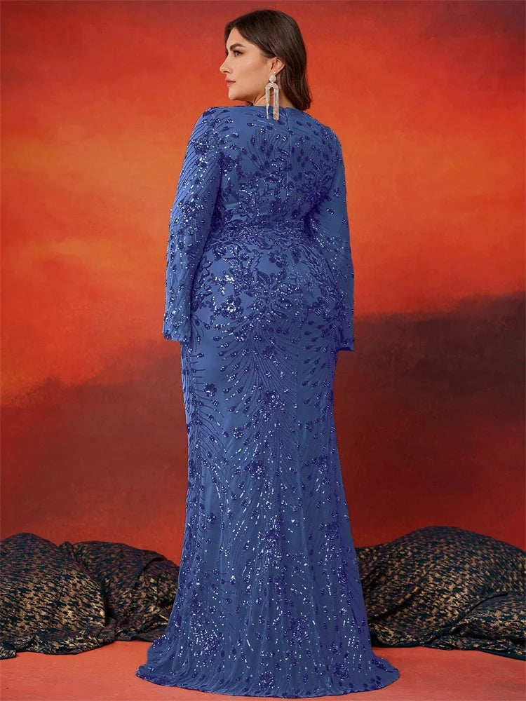 BLUEPLUM Plus Size Luxury Blue Evening Dresses Women 2025 Long Sleeve Mermaid Formal Sequins Prom Wedding Party Cocktail