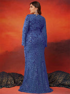 BLUEPLUM Plus Size Luxury Blue Evening Dresses Women 2025 Long Sleeve Mermaid Formal Sequins Prom Wedding Party Cocktail