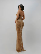Luxuriöses Abendkleid mit tiefem V-Ausschnitt, goldfarben, sexy mit Kristallperlenbesatz, maßgeschneidert, glänzend, bodenlang, Brautkleid, Hochzeitskleid