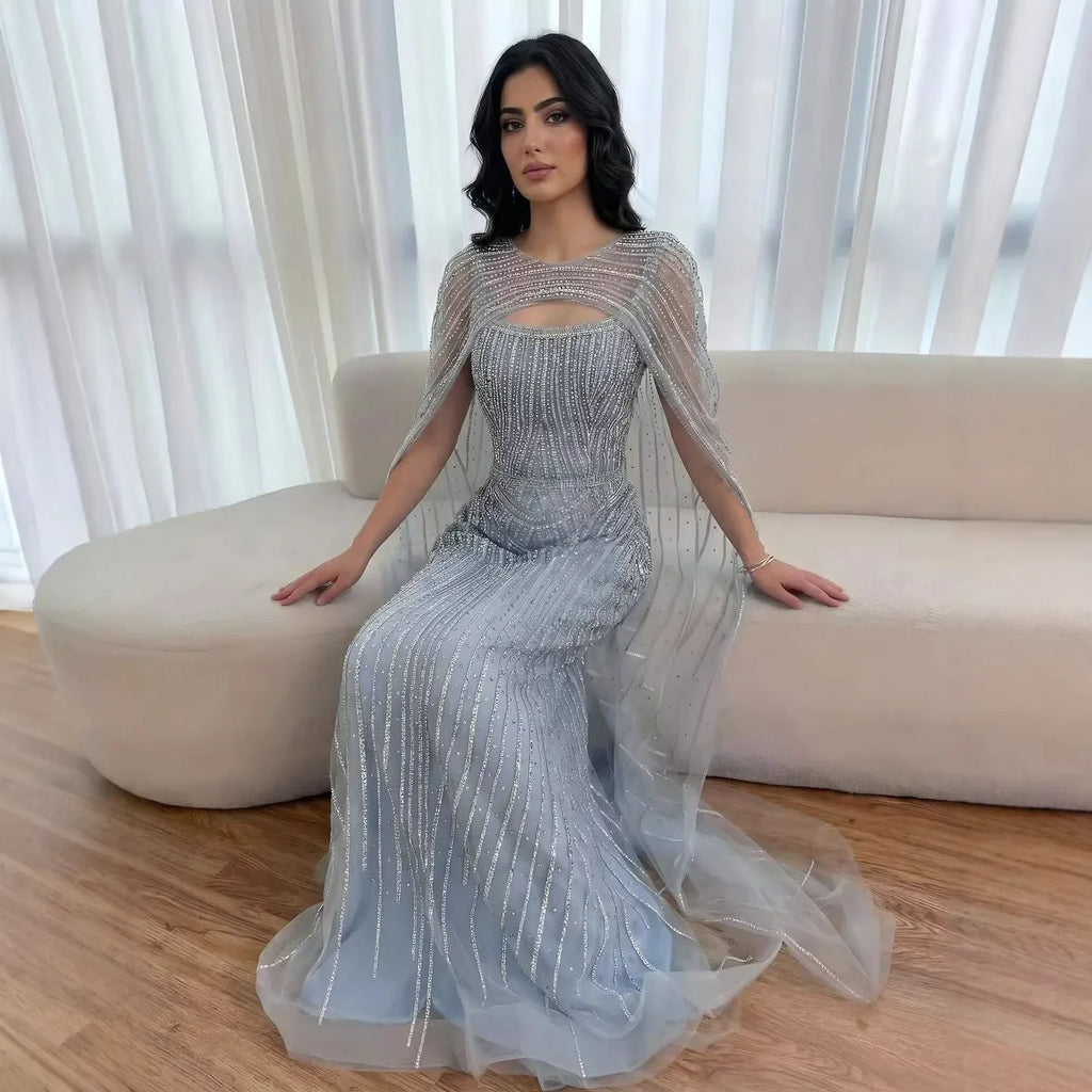 Robe de soirée luxueuse diamant bleu avec cape LA73426