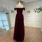 Elegant Wine Red Off Shoulder Lace Evening Dress with Appliques LA73010