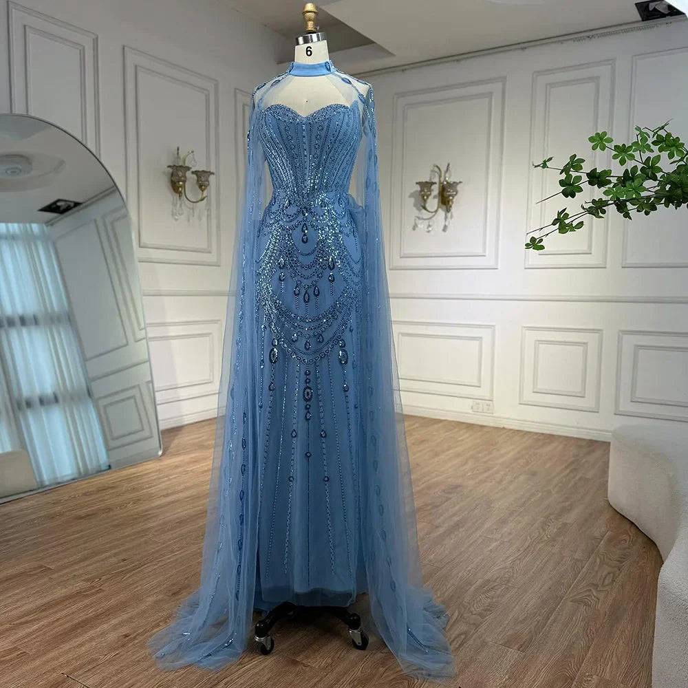 Robe de soirée de luxe bleue à paillettes et perles avec manches cape LA73108
